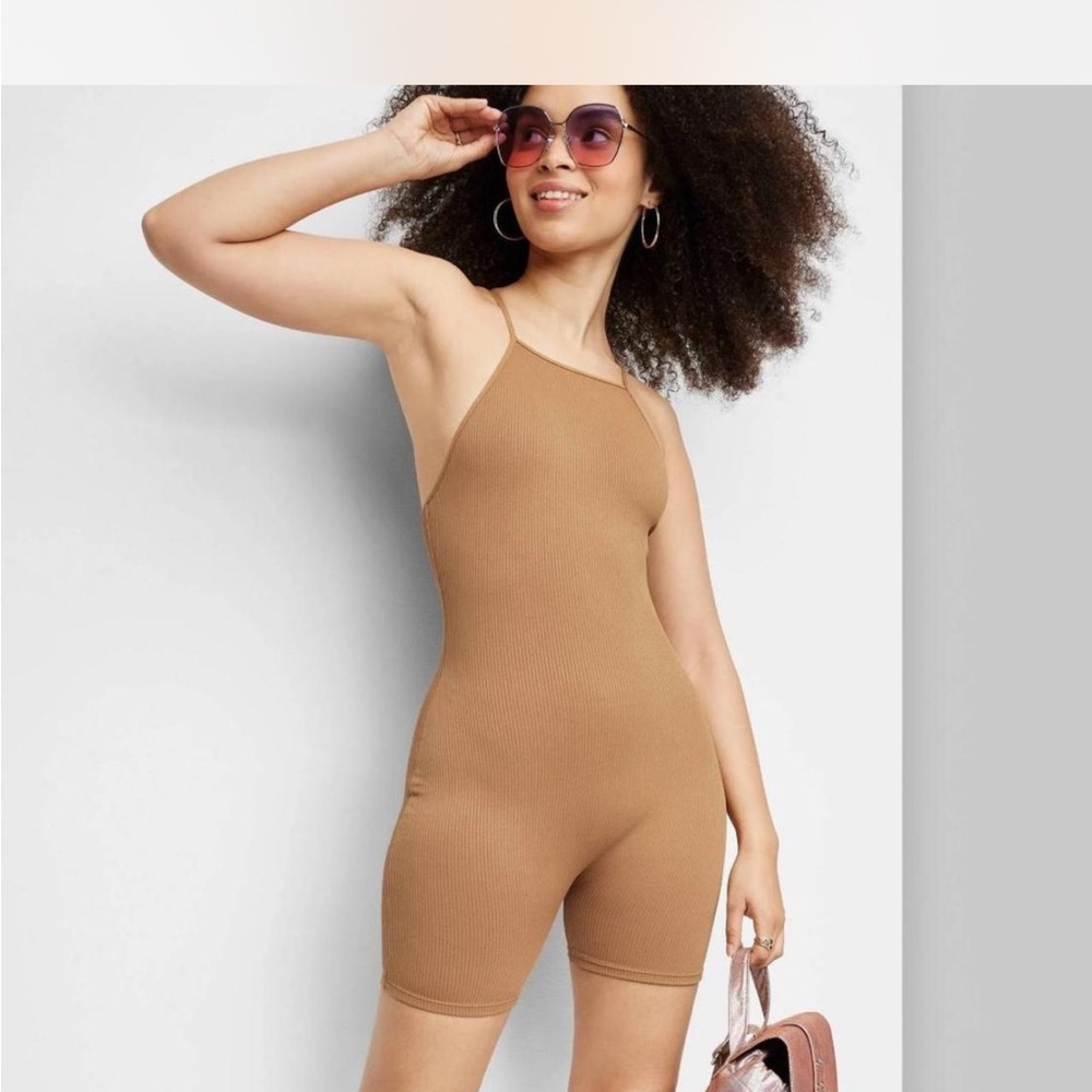 Tan Sleeveless Ribbed Romper